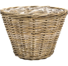 Runder Pflanzkorb aus Weidengeflecht mit innenliegender Kunststofffolie, konische Form.