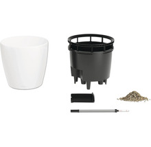 Weißes Selbstbewässerungs-Pflanzgefäß-Set mit Außentopf, Pflanzeinsatz, Wasserstandsanzeiger und Granulat.