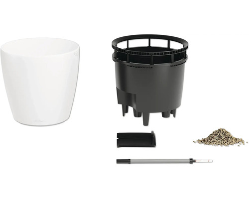 Weißes Selbstbewässerungs-Pflanzgefäß-Set mit Außentopf, Pflanzeinsatz, Wasserstandsanzeiger und Granulat.