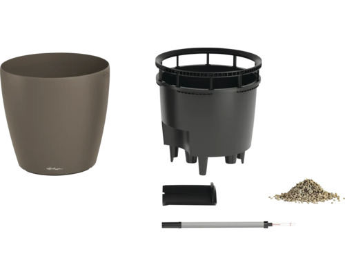 Pflanzgefäß-Set bestehend aus Übertopf, Pflanzeinsatz, Bewässerungssystem und Substrat.