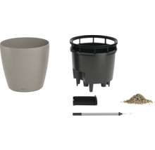 Runder Kunststoff-Blumentopf mit Bewässerungssystem, herausnehmbarem Einsatz, Wasserstandsanzeiger und Pflanzsubstrat.
