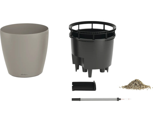 Runder Kunststoff-Blumentopf mit Bewässerungssystem, herausnehmbarem Einsatz, Wasserstandsanzeiger und Pflanzsubstrat.