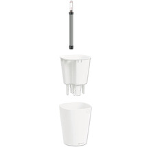 Dreiteiliges Lechuza Bewässerungssystem mit weißem Übertopf, Pflanzeinsatz mit Docht und Wasserstandsanzeiger.