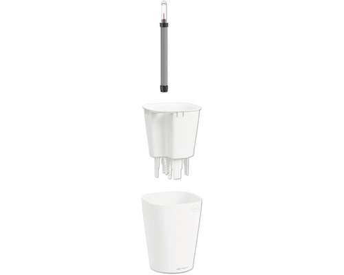 Dreiteiliges Lechuza Bewässerungssystem mit weißem Übertopf, Pflanzeinsatz mit Docht und Wasserstandsanzeiger.