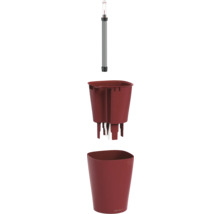 Dreiteiliges Lechuza Bewässerungssystem mit Wasserstandsanzeiger, Pflanzeinsatz inklusive Docht und einem roten Übertopf.