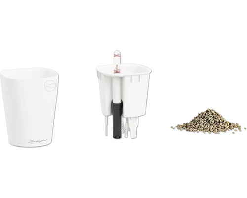 Lechuza Bewässerungssystem Set bestehend aus weißem Pflanzgefäß mit Lechuza Logo, Pflanzeinsatz mit Wasserstandsanzeiger und Pflanzsubstrat.