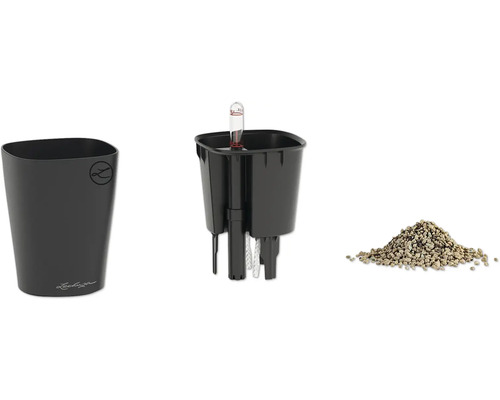 Lechuza Pflanzgefäß mit Bewässerungssystem, Pflanzeinsatz, Wasserstandsanzeiger und Pflanzsubstrat.