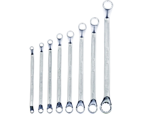 Achtteiliges Doppelringschlüssel-Set, tief gekröpft, aus Chrom-Vanadium-Stahl, verschiedene Größen.