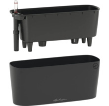 Schwarzer Lechuza Balkonkasten aus Kunststoff mit Bewässerungssystem, Pflanzeinsatz, Wasserstandsanzeiger und Lechuza Logo.