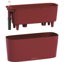Roter rechteckiger Lechuza Balkonkasten aus Kunststoff mit herausnehmbarem Pflanzeinsatz und Bewässerungssystem inklusive Wasserstandsanzeiger.