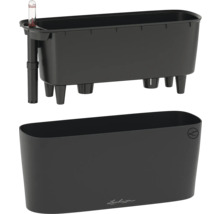 Lechuza Pflanzeinsatz mit integriertem Bewässerungssystem und Wasserstandsanzeiger über einem passenden rechteckigen Pflanzgefäß.