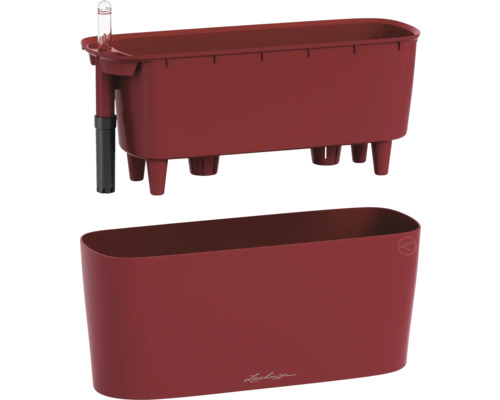 Dunkelrotes Lechuza Selbstbewässerungssystem aus Kunststoff mit Pflanzeinsatz, Wasserstandsanzeiger und Übertopf.