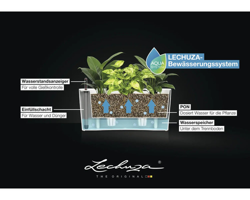 Infografik zum Lechuza Aqua Bewässerungssystem mit Querschnitt durch Pflanzgefäß, Wasserstandsanzeiger, Einfüllschacht, PON Substrat und Wasserspeicher.