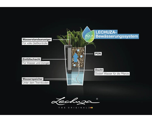 Querschnitt eines Lechuza Pflanzgefäßes mit Bewässerungssystem, Wasserstandsanzeiger, Einfüllschacht, Wasserspeicher, Substrat, Docht und Lechuza Logo.