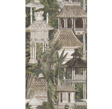 Vliestapete mit asiatischen Tempeln, Pagoden und Pavillons inmitten einer dichten Landschaft aus tropischen Palmen.