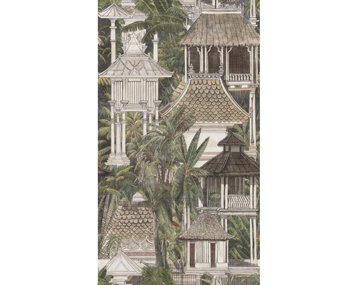Vliestapete mit asiatischen Tempeln, Pagoden und Pavillons inmitten einer dichten Landschaft aus tropischen Palmen.