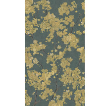 Vliestapete mit floralem Muster, gelbe Blüten an Zweigen im malerischen Stil.