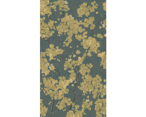 Vliestapete mit floralem Muster, gelbe Blüten an Zweigen im malerischen Stil.