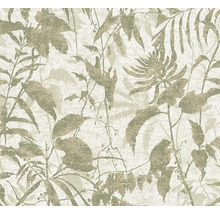 Tapete mit botanischem Muster aus Blättern und Blüten mit strukturierter Oberfläche.