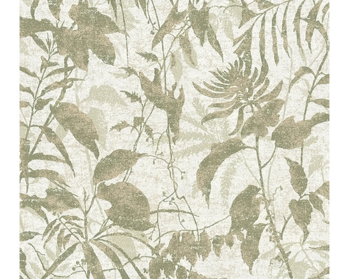 Tapete mit botanischem Muster aus Blättern und Blüten mit strukturierter Oberfläche.
