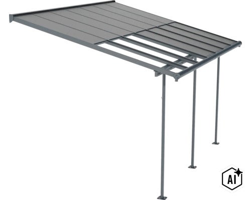 Terrassenüberdachung mit teilweise verschiebbarem Dach aus Metallstützen und Paneelen. (Image AI modified or generated)