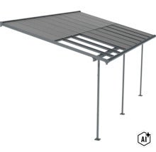 Terrassenüberdachung aus Metall mit teilweise offenen Dachelementen und drei vertikalen Stützpfosten zur Wandmontage. (Image AI modified or generated)