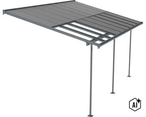 Terrassenüberdachung aus Metall mit teilweise offenen Dachelementen und drei vertikalen Stützpfosten zur Wandmontage. (Image AI modified or generated)