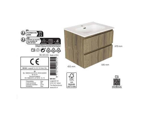 Waschbeckenunterschrank Holzoptik, zwei Schubladen, weißes Waschbecken, Holz aus nachhaltiger Waldwirtschaft, 595 mal 455 mal 470 Millimeter.