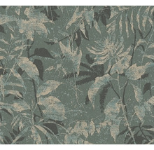 Tapete mit botanischem Blättermuster in Dunkelgrün und strukturiertem Design.