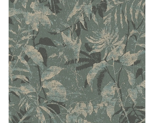 Tapete mit botanischem Blättermuster in Dunkelgrün und strukturiertem Design.