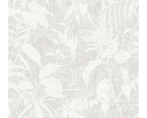 Vliestapete mit floralem Blättermuster und strukturierter Oberfläche in heller Steinoptik.