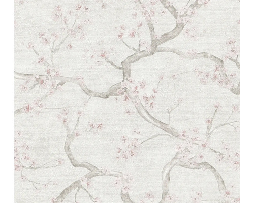 Vliestapete mit einem Muster aus Zweigen und Kirschblüten.