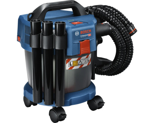 Bosch Professional Akku-Nass-Trockensauger GAS 18V-10 L mit Saugrohren, Schlauch und Rollen.