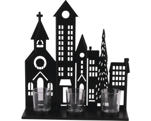 Schwarzer Teelichthalter aus Metall mit Silhouette einer Stadt und drei Gläsern für Teelichter.