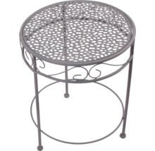 Runder Beistelltisch aus grauem Metall für Garten und Balkon mit dekorativem Lochmuster und Ornamenten.