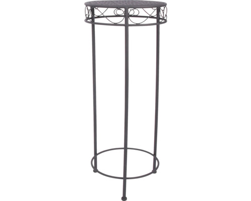 Dekorative Pflanzensäule aus Metall mit runder Abstellfläche und verzierten Ornamenten am Rand.
