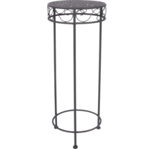 Hoher Blumenständer aus dunklem Metall mit runder, dekorativ verzierter Abstellfläche.