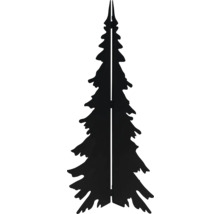 Schwarze Weihnachtsbaum-Silhouette aus Metall, zweiteilig und klappbar für die Dekoration im Garten.