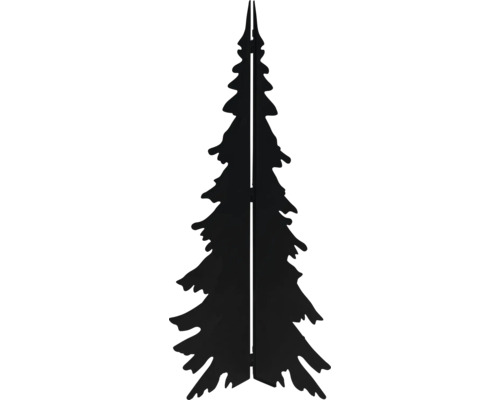 Schwarze Weihnachtsbaum-Silhouette aus Metall, zweiteilig und klappbar für die Dekoration im Garten.