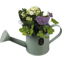 Blumengesteck mit weißer Kalanchoe und grünem Efeu in einer dekorativen Gießkanne aus Metall mit lilafarbenem Vogelstecker.