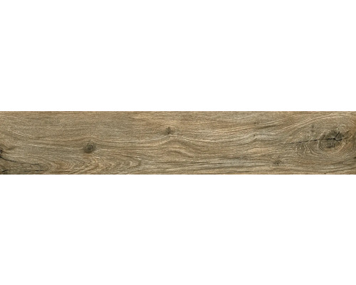 Bodenfliese in Holzoptik mit natürlicher Maserung und Astlöchern.