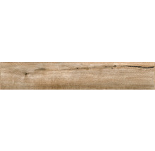Bodenfliese in Holzoptik mit natürlicher Maserung, Astlöchern und Rissen.