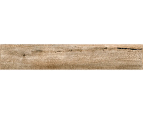 Bodenfliese in Holzoptik mit natürlicher Maserung, Astlöchern und Rissen.