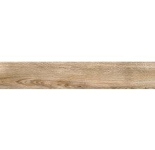 Feinsteinzeugfliese in Holzoptik mit natürlicher Maserung und Astlöchern.