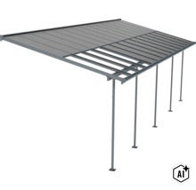 Terrassenüberdachung mit teilweise offenen Lamellen aus Metall auf Stützen (Image AI modified or generated)