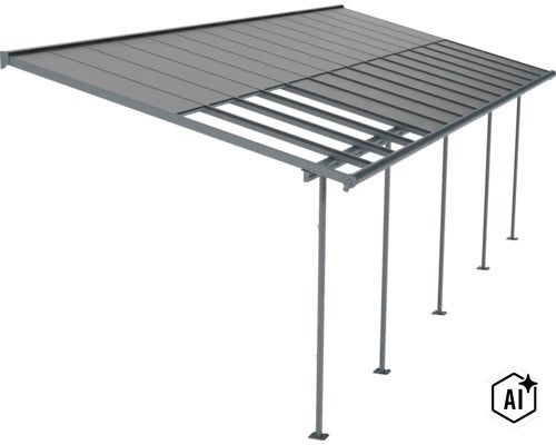 Terrassenüberdachung mit teilweise offenen Lamellen aus Metall auf Stützen (Image AI modified or generated)