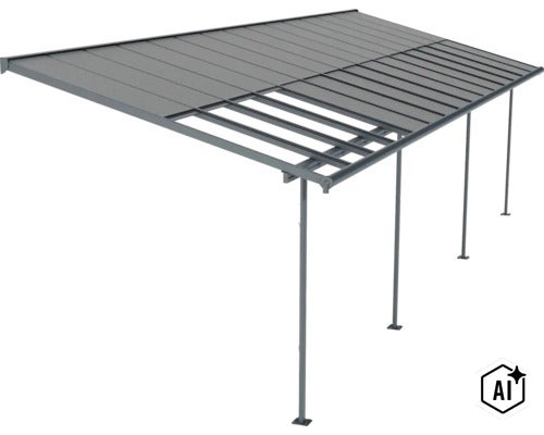 Terrassenüberdachung mit Aluminiumgestell und teilweiser Dacheindeckung aus Stegplatten. (Image AI modified or generated)