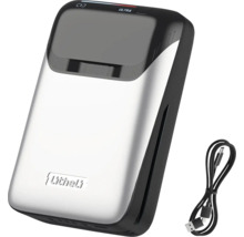 Silberne und schwarze Litheli Powerbank mit einem Ladekabel.