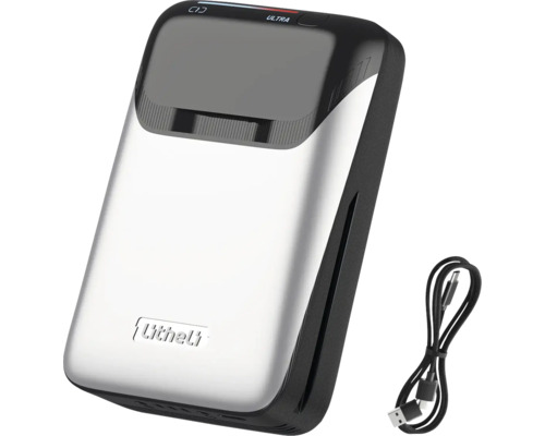 Silberne und schwarze Litheli Powerbank mit einem Ladekabel.