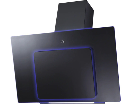 Schräge Wand-Dunstabzugshaube aus schwarzem Glas mit blauer LED-Ambientebeleuchtung.